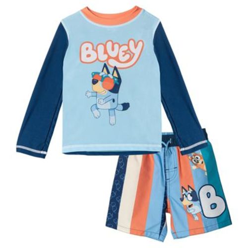 Bluey Little Boys Raglan Rash Guard and Swim Trunks UPF 50+ Outfit Set Sky Blue / Navy / Orange 7-8