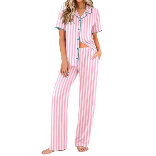 Ekouaer Womens Pajamas Set Button Down Loungewear Short Sleeve Pants Pjs | Notch Collar, Rick-rack Trim, Elastic Waistband, 2 Piece Pants Sleepwear with Pockets, Comfy Lounge Sets, Soft Postpartum Pjs