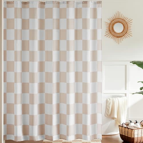 Ohocut Checkered Shower Curtain, Beige Shower Curtains for Bathroom, Cute Retro Neutral Checkerboard Shower Curtain Vintage Aesthetic, Machine Washable Fabric Bath Curtain, 72''x72''