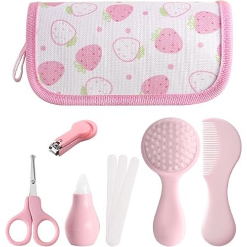 Baby Grooming Kit 6 - Piece Set in Storage Bag(Pink) - Soft Brush, Comb, Nail Clippers, Nasal Aspirator, Safety Scissors & File for Newborn/Toddler Care