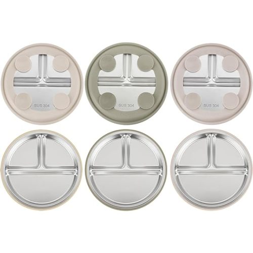 PandaEar 3 Pack Stainless Steel Baby Suction Plates, Divided Toddler Plate for Baby Led Weaning Supplies, Non-Slip Toddler Baby Feeding Set Dishwasher Safe (Linen/Brown/Tan)