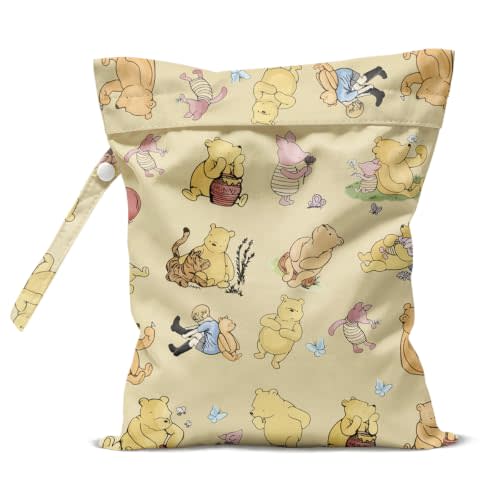 LONGXIN Classic Winnie Wet Bag Cute Bear Wet Dry Bag for Swimsuit, Travel, Beach, Pool, Cloth Diapers, Pump Parts, Gym Clothes, Zipper Waterproof Reusable Wetdry Packing Pouch