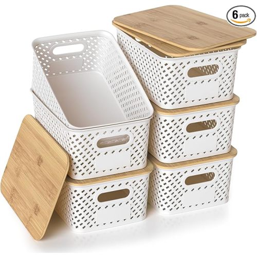 Plastic Storage Bins with Bamboo Lids, Stackable Small Box Baskets for Organizing and Containers for Shelves Drawers Desktop Closet Pantry Classroom Office Home, 6 Pack 10.2x7.2x4.1 Inch, White
