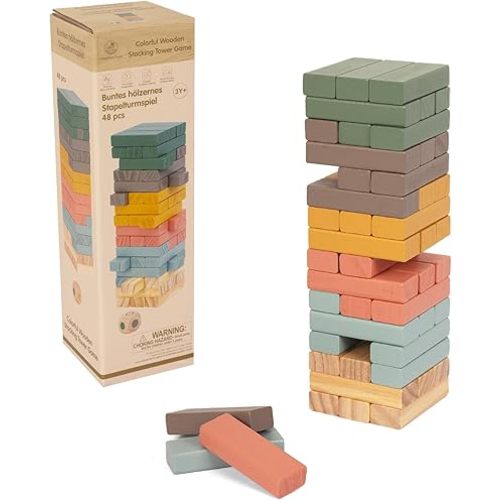 Wooden Blocks Stacking Games, 48PCS Tumbling Stacking Blocks Game for Kids and Families, Wood Colorful Balancing Blocks Montessori Toys for Kids