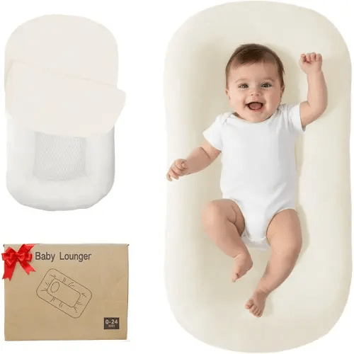 Lucakuins Baby Lounger, Bionic Design Baby Lounger for Newborn 0-24 Months, Soft Organic Cotton Breathable Lounger for Infants (White Newborn Lounger)