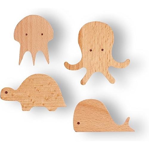 WONQEXZ Wall Hook,Child Baby Nursery Wood Wall Hook,Natural Sea Aquatic Animal Coat Hooks,Wooden Hooks,Children Wall Mounted Hook,Set of 4