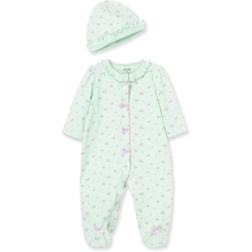 6M size, Little Me Clothes for Baby Girls 100% Cotton Scratch-Free Tag Footed One-Piece Romper and Hat Sleeper Set