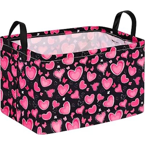 Empty Gift Basket for Girls Heart Print Storage Cube for Women, Closet Shelf Waterproof Organizer Bins with Handles Nursery hamper Kids Toys Books Box Room Deco