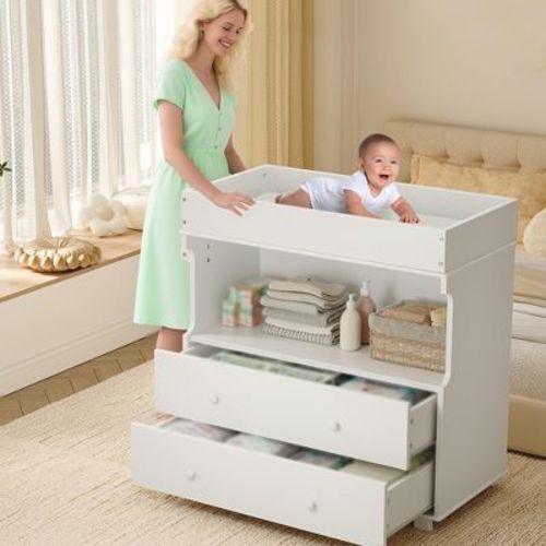 COZONY Baby Changing Table Dresser with 2 Drawers & Open Storage, Modern Nursery Diaper Station for Bedroom/Kids Room