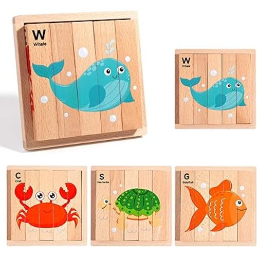 4 in 1 Montessori Wooden Puzzle Toy for Toddlers Ages 2 and Up – Educational Toys for Kids, Toddler Puzzle Toy for Early Learning & Fine Motor Development-Ocean Creatures