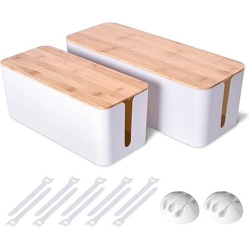 2 Pack Large Cable Management Box – Wooden Style Cord Organizer and Cover for TV Wires, Computer, Router, USB Hub and Under Desk Power Strip – Safe ABS Material and Baby-Pets Proof Lock (White)