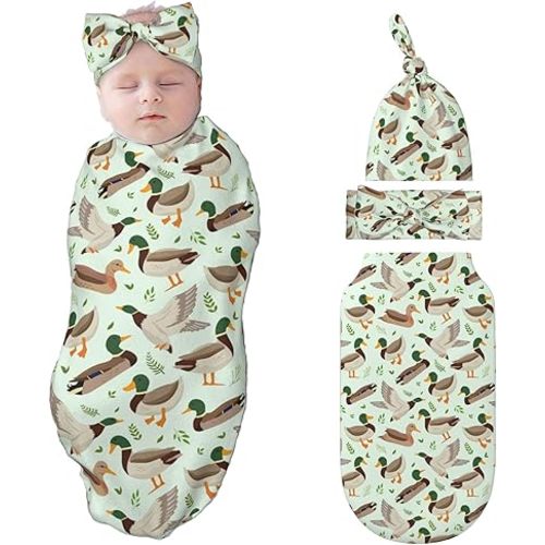 Figtihw Duck Swaddle Blankets Newborn Receiving Blanket Baby Swaddle Wrap with Headband Hat Set for Baby Girls Boys