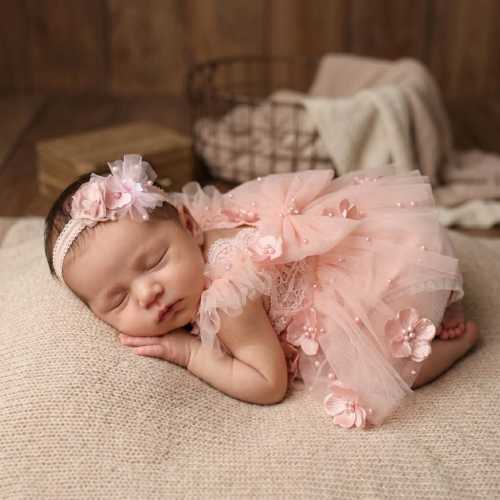 Newborn Photography Clothes Baby Girl Romper with Matching Headband,Pink Tulle Dress with Pearls Floral Accents, Photo Prop Outfit