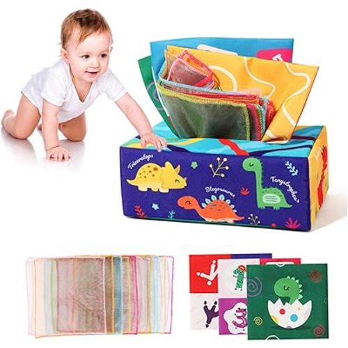 Baby Tissue Box, Baby Tissue Box Toy 0-6 Months Sensory Toys for Babies Crinkle Toys Early Learning for Gifts Dinosaur, Sensory