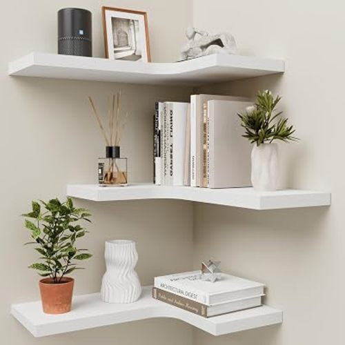Corner Floating Shelves for Wall Mounted L-Shaped Wood Corner Wall Shelf, Hanging Shelf for Bathroom, Bedroom, Kitchen, Living Room, Office, Home Decor, Set of 3 (White)