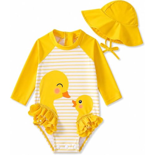 Baby Girl Swimsuit Long Sleeve One Piece Rash Guard with Sun Hat Zipper Bathing Suit Size 0-2T