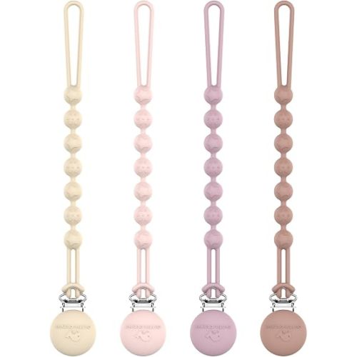 Cuddle Campus Silicone Pacifier Clip Holder with One Piece Design,Soft Flexible Binky Clips with Texture for Baby Boy and Girl Pack of 4 (0-6m)