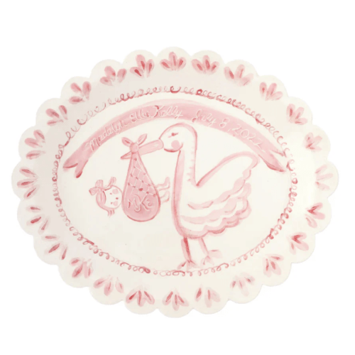 Scalloped Stork Birth Plate - Pink | Tricia Lowenfield Design | Over The Moon