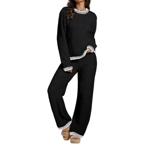 luvamia Two Piece Lounge Sets for Women Fuzzy Long Sleeve Knitted Sweater Contrast Trim Casual Warm Pajama Matching Set