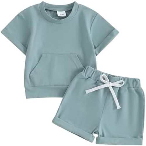 Thorn Tree Toddler Boys Clothes Set Short Sleeve T-shirt Top Elastic Waist Pocket Shorts Solid 2Pcs Outfits