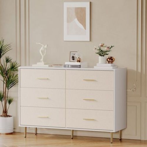 Modern White Chest of Drawers, 8 Drawer Dresser with Gold Handles and Legs, Wooden Nightstand with Linen-Textured Surface