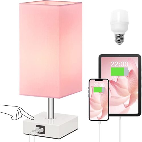 Ambimall Touch Control Table Lamp with 2 USB Charging Ports, 3 Way Touch Lamps Beside Desk, Nightstand Lamp for Bedrooms Living Room, Pink Shade with White Base, LED Bulb Included(Pink)