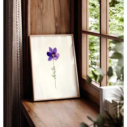 Purple Violet Custom Flower Name, Watercolour Flower Print, Unique Gift Birthday, Nursery, Baby Shower, Wedding, Anniversary, Personalized