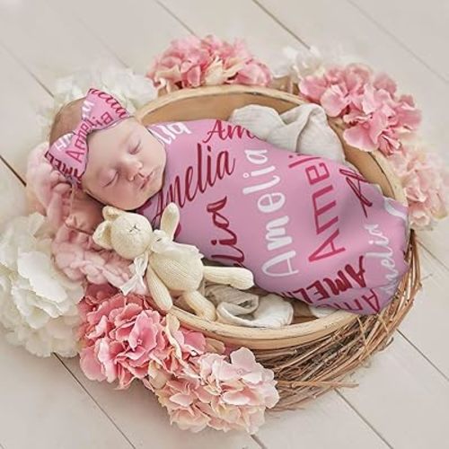 Personalized Baby Swaddle Blanket and Hat Bow Headband with Name Personalized Baby Items Stuff Personalized Baby Girl Boy Gifts, 35.4''x35.4'', Word Art-005