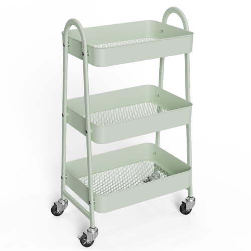 EDX 3 Tier Rolling Cart, Metal Utility Storage Organizer with Lockable Wheels, Green