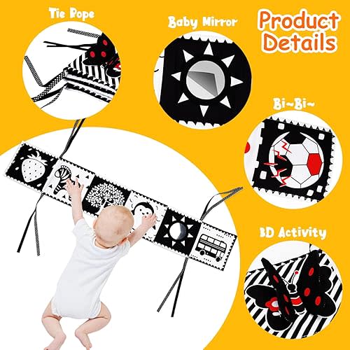 4 PCS Black and White High Contrast Baby Toys 0-3-6 Months Newborn Essential Toy for Babies Crinkle Sensory Book Brain Development Tummy Time Mirror Infant Carseat Rattle Shower Easter Gifts Boy Girl