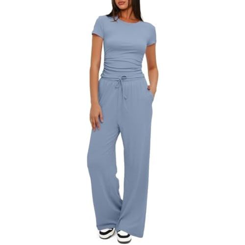 Darong Women's 2 Piece Set Outfits Lounge Sets Ruched Short Sleeve Tops High Waisted Wide Leg Pants Tracksuit Sets