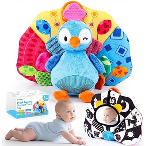 Baby Sensory Tummy Time Toys 0-3-6-12 Months, High Contrast Newborn Infant Peacock Toy, Washable Stuffed Animal Toy with Mirror Crinkle Rattle Teether,Baby Boy Girl Shower Gifts Easter Basket Stuffers