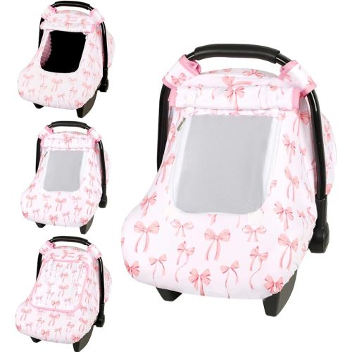 Baby Car Seat Cover, Windproof Carseat Cover for Infant Girls, Infant Warm Carseat Canopy with Double Layer Fabric for Winter, Compatible with Most Baby Car Seat, Bow