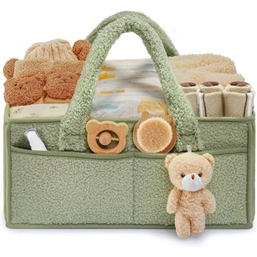 ZERIFAM Baby Diaper Caddy Organizer, Baby Caddy Organizer for Changing Table, Portable Newborn Shower Basket Gifts Storage Changing Wipes Bag Car Nursery Infant Boy or Girl Baby (Green)