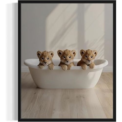 Baby Lion Cubs Nursery Wall Art Print Poster, Children Girl Boy Animal Bathtub Restroom Toddler Bathroom Decor 124 (Baby Lion Cubs, 10"L x 8"W, Unframed)