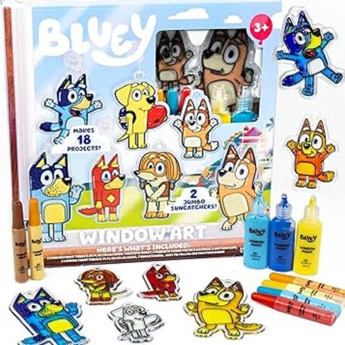 Bluey Window Art Suncatchers Kit for Kids to Paint, Great at-Home Craft Activity or Birthday Party Idea, Toys for Ages 3, 4, 5, 6