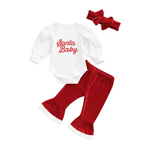VISGOGO Baby Girl Christmas Outfits Bell-Bottoms Santa Long Sleeve Letter Romper Flare Pants Headband Set