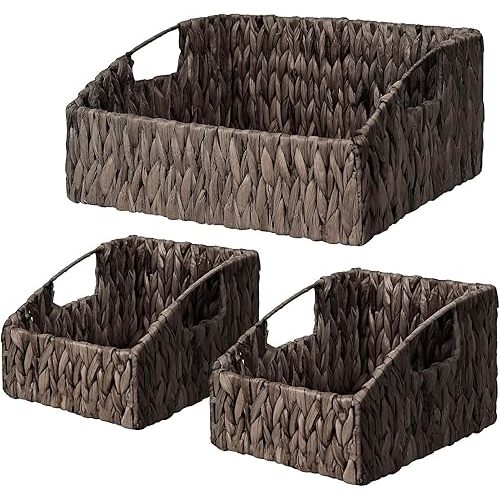Ollieroo Natural Water Hyacinth Storage Baskets, Handwoven Wicker Storage Bins with Built-in Handles, Storage Container Baskets for Shelves, Bedroom, Bathroom, Laundry Room or Kitchen(Black)