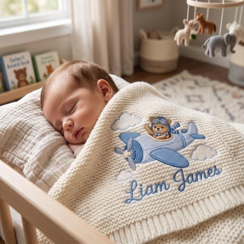 Personalized Boy Airplane Baby Blanket Custom Name - Knitted Whimsical Pilot Bear Plane Newborn Gift, Baby Shower Gift, Keepsake Newborn