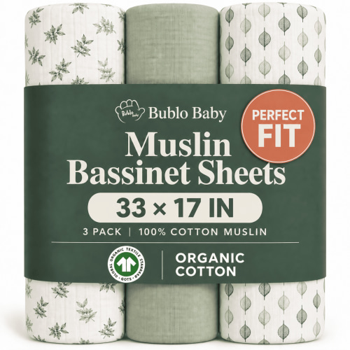 Baby Muslin Bassinet Sheet Set for Boy and Girl, 3 Pack Organic Cotton Universal Fitted Bedding Cover for Oval, Hourglass & Rectangle Bassinet Mattress, Fitted Sheets Size 32 x 17 x 4 Inches