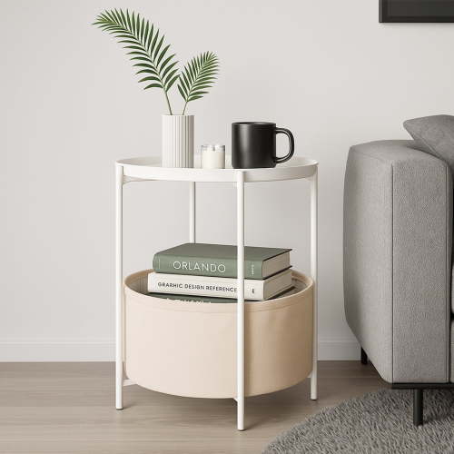 PinkSheep Round Side Table with Storage Bakset, Small Bedside Table End Table for Living Room Bedroom, White