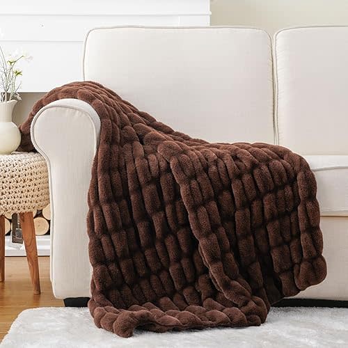 BATTILO HOME Chocolate Brown Faux Fur Throw Blanket for Couch, Double Side Reversible Ruched Rabbit Fur Blanket for Couch, Bed, Super Soft Cozy Warm Mink Blanket, 50x60 Inches