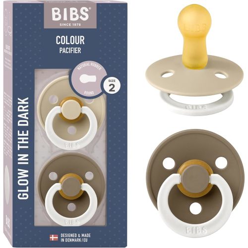 BIBS Pacifiers Colour Collection | Natural Rubber Baby Pacifier | Set of 2 BPA-Free Soothers | Made in Denmark | 6+ Months (Pack of 2) | Vanilla Night/Dark Oak Night