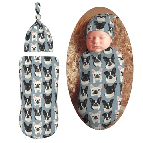 French Bulldog Dogs Newborn Swaddle Blankets Hat Sets Soft Baby Receiving Blanket Swaddle Sack for Baby Shower Infant Boy Girl Gift