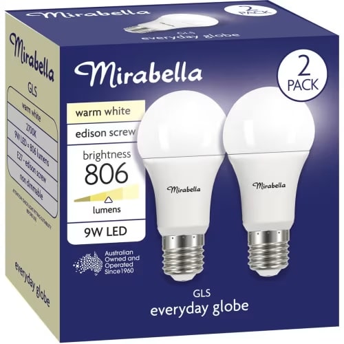 Mirabella LED GLS Edison Screw 9W 806lm Warm White Light Globe 2 pack