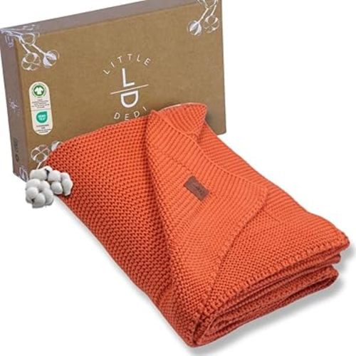 100% Organic Cotton Baby Knitted Blanket with Gift Box - Soft Toddler, Crib, Stroller Blanket - Neutral Swaddle and Receiving Blanket for Newborns, 30"x40", Harvest Pumpkin