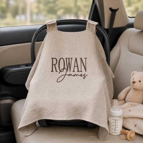 Personalized Baby Car Seat Cover, Embroidered Muslin Car Seat Canopy Cover, Stroller Blanket for Girl, Baby Shower Gift