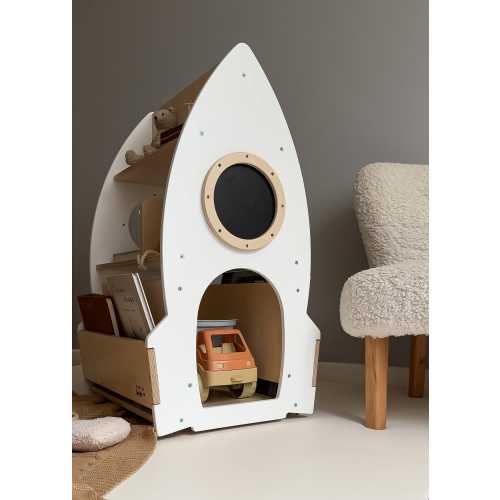 Mobile “Rocket” rack for kids books and toys with magnetic drawing board/ White and wood rotating children's bookcase/ bookshelf on wheels