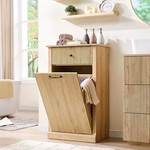 IFBUY Modern Tilt-Out Laundry Hamper Cabinet, 10 Gallon Fluted Trash Can Cabinet with Drawer, Wooden Hidden Garbage Can Cabinets with Laundry Basket, Free Standing for Bathroom & Kitchen, Natural Oak