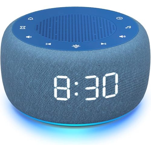 Buffbee Sound Machine & Alarm Clock 2-in-1, 0-100% Clock Face Brightness, Bottom Colored Light, Sleep Timer, Precise 30-Level Volume Control White Noise Machine - White